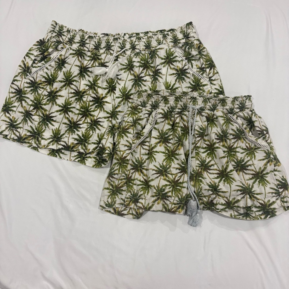 Matching Tropical Palm Tree Printed Linen Blend Shorts for Couples White & Green